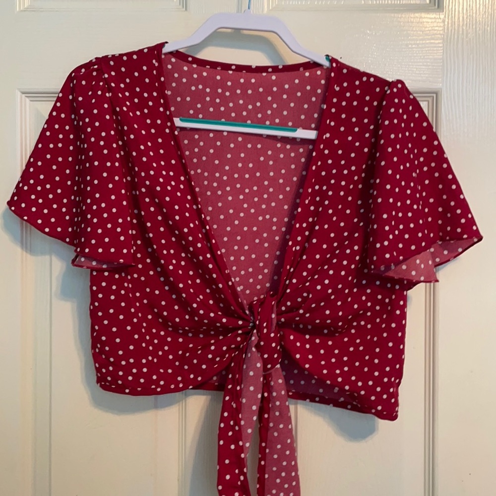 Red And White Polka Dot Wrap Blouse